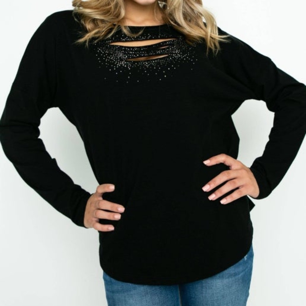 Laser Cut Long Sleeve Top With Stones - NEW WITH TAGS
